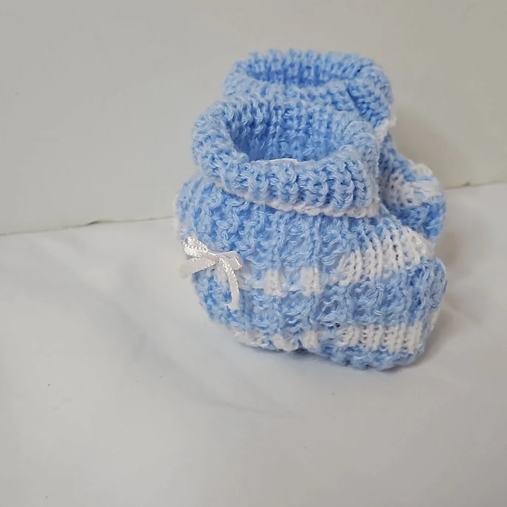 Hand Crafted Crochet Baby Shoes Baby Blue and white Tread & Handmade Bow Ribbon